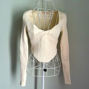 Chic Cream Ribbed Knit Blouse